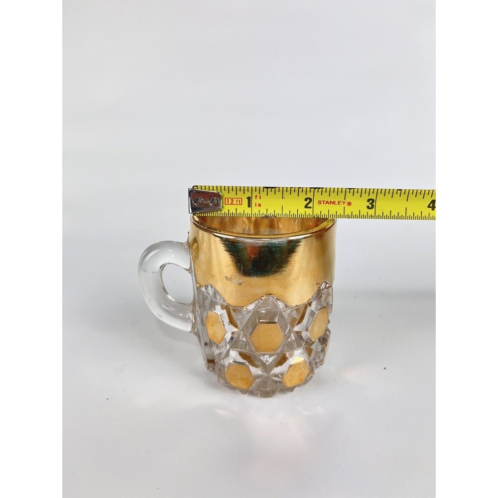 Vintage Glass Mug Cup Gold Leaf Clear Fancy Small 3" Hexagon Bevel Art Deco - Picture 6 of 7